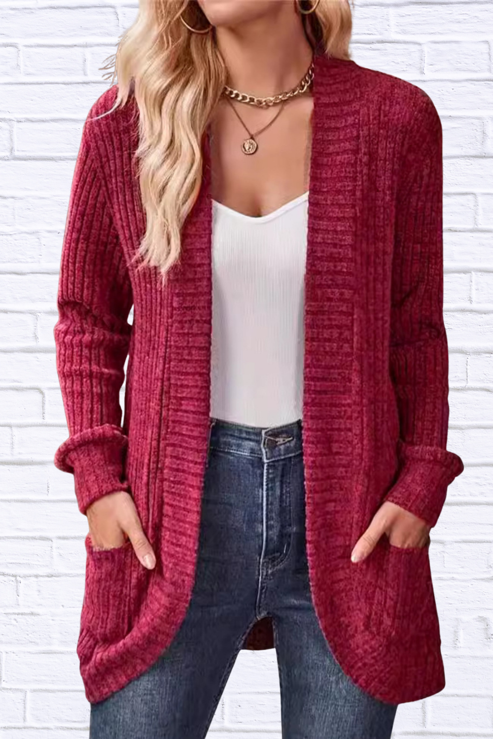 Ribbed Open Front Long Cardigan with Pockets