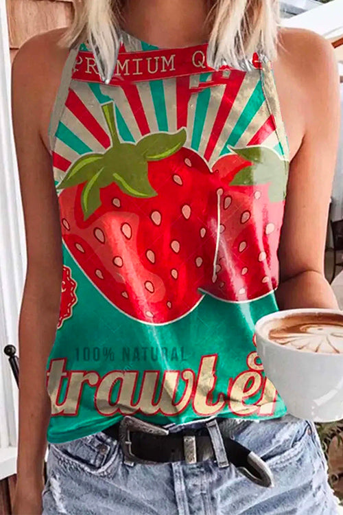Cute Crewneck Graphic Printed Tank Top Strawberry