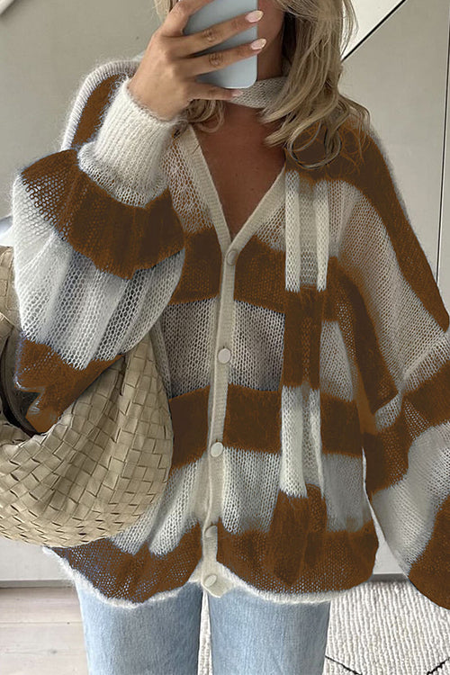 Lantern Sleeves Button Down Color Block Stripes Sweater with Scarf