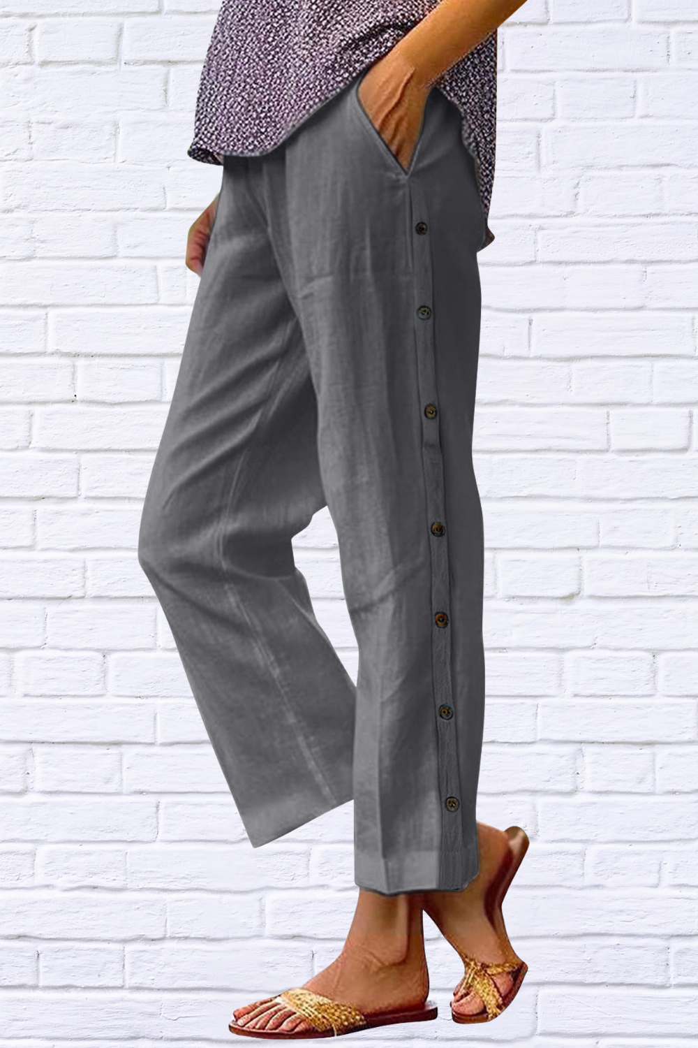 Full Size Side Decor Button Casual Wide Leg Pants Plus Size