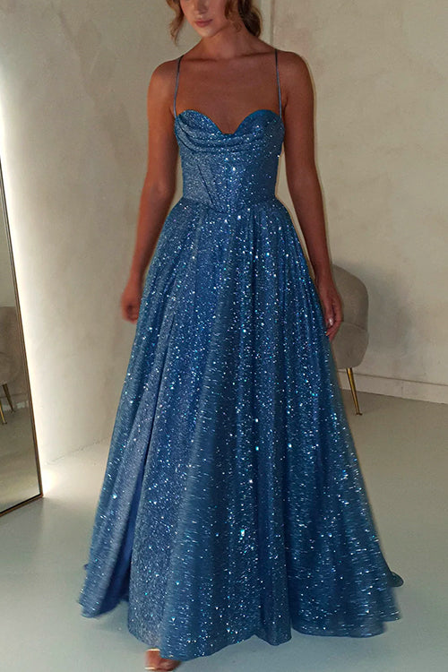 Lace Up Backless High Slit Corset Glitter Maxi Gown Dress