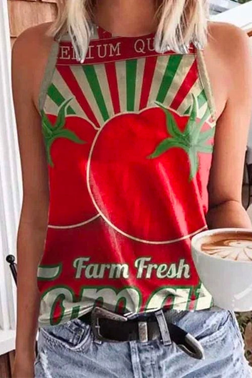 Cute Crewneck Graphic Printed Tank Top Tomato