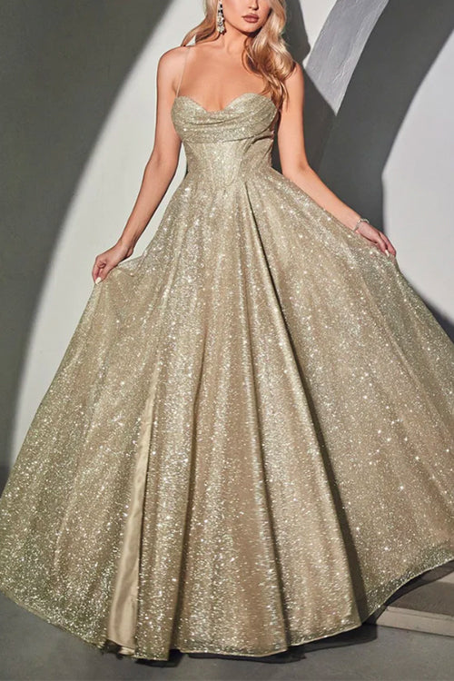 Lace Up Backless High Slit Corset Glitter Maxi Gown Dress Gold