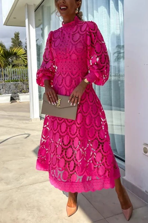 Mockneck Puff Sleeves Lace Hollow Out Mid Dress HotPink