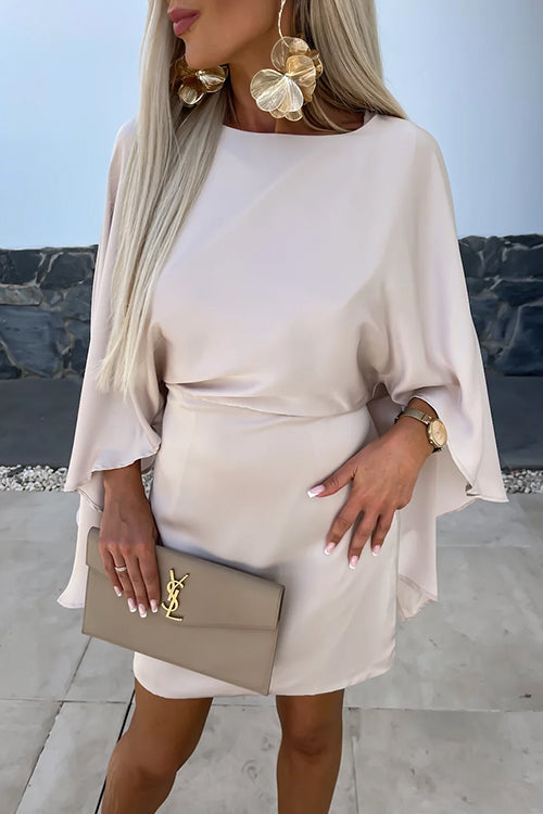 Open Back Batwing Sleeves Waisted Mini Dress Apricot