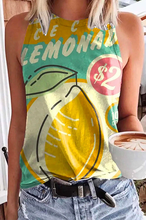 Cute Crewneck Graphic Printed Tank Top Lemon