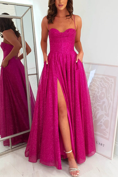 Lace Up Backless High Slit Corset Glitter Maxi Gown Dress HotPink