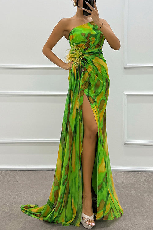 Strapless Rose Detail High Slit Printed Chiffon Maxi Dress