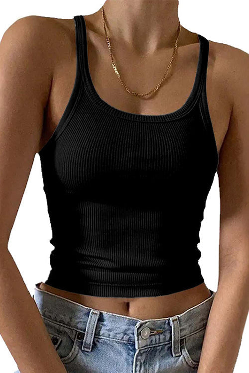 Stretchy Ribbed Knit Crop Cami Top Black