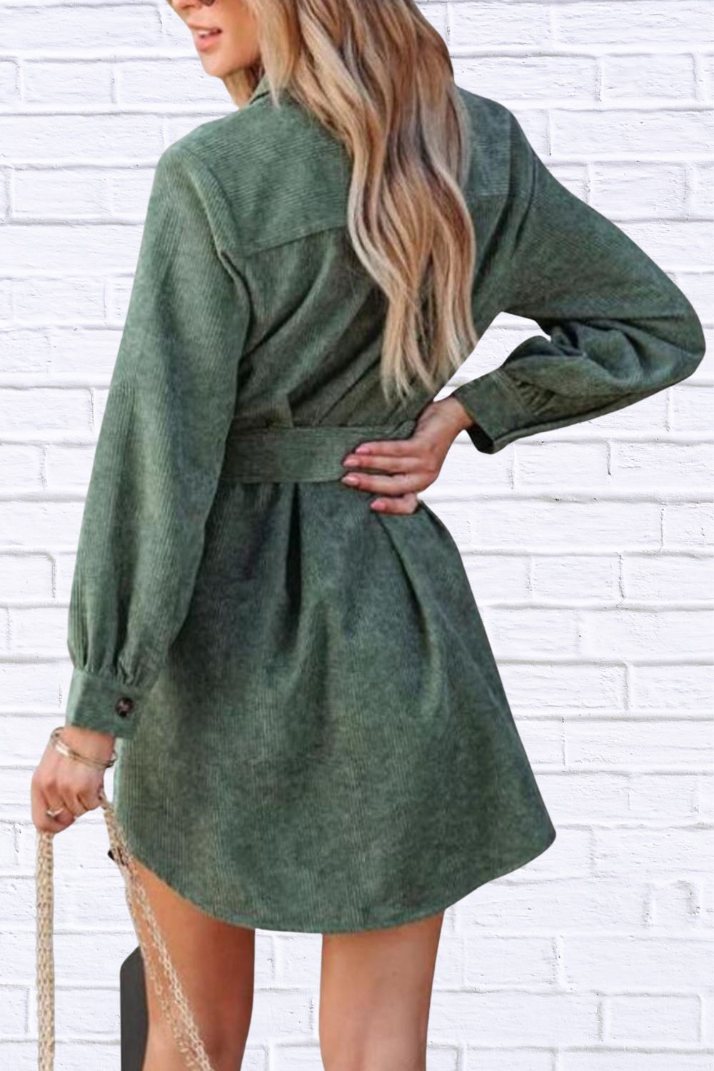 Button Front Belt Long Sleeve Corduroy Dress