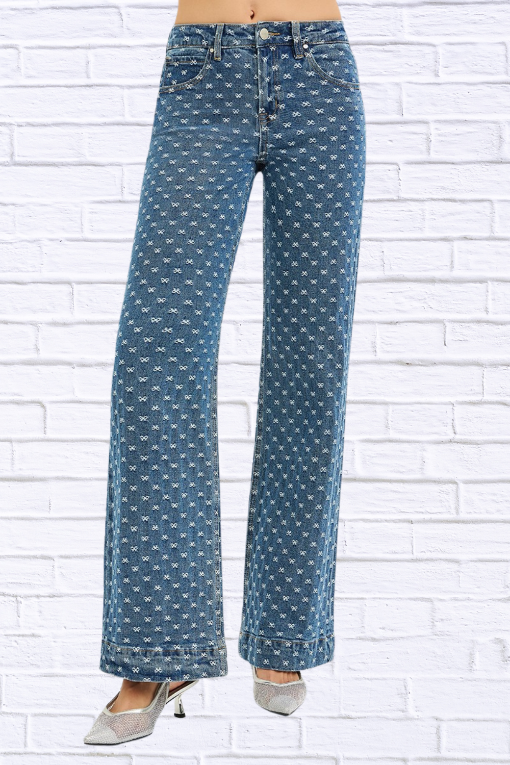RISEN High Rise Wide Leg Bow Embroidered Jeans