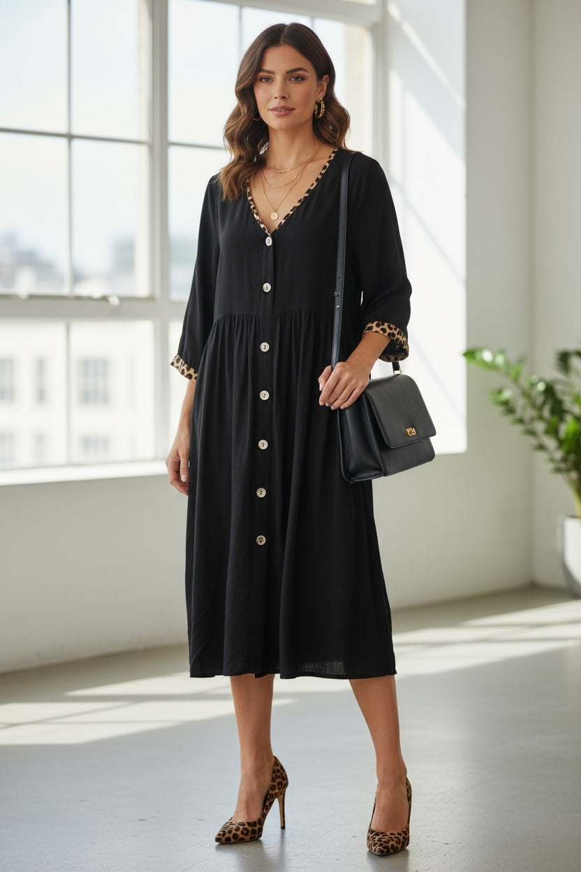 Umgee Black Baby Doll Dress – V-Neck Button-Down with Leopard Trim Detail