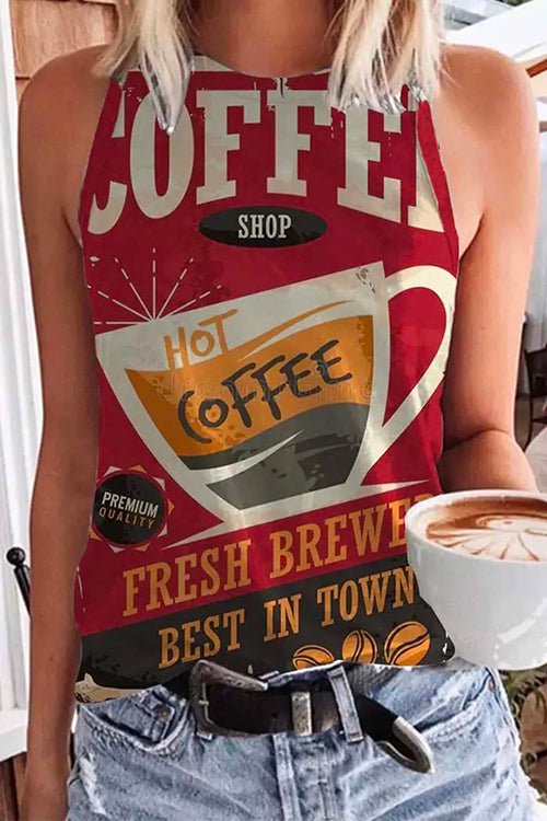 Cute Crewneck Graphic Printed Tank Top Coffee