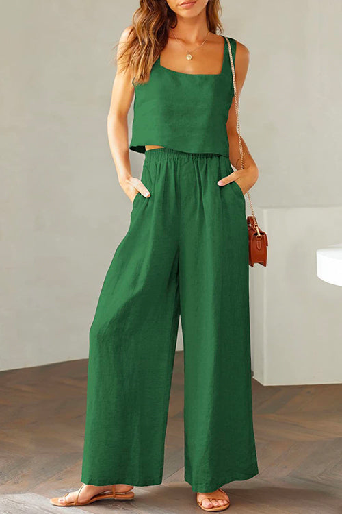 Square Collar Cami Crop Top Wide Leg Pants Cotton Linen Set Green