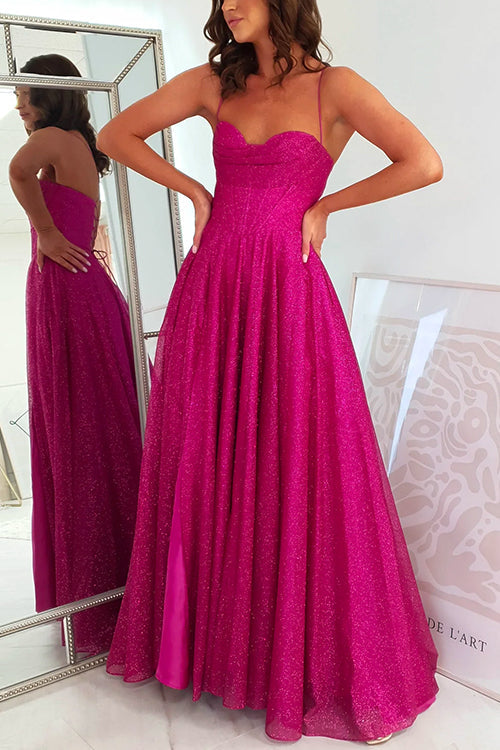 Lace Up Backless High Slit Corset Glitter Maxi Gown Dress