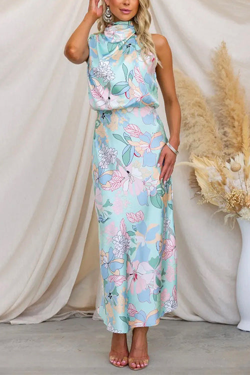 Irregular Tie Neck Waisted Floral Printed Maxi Satin Dress