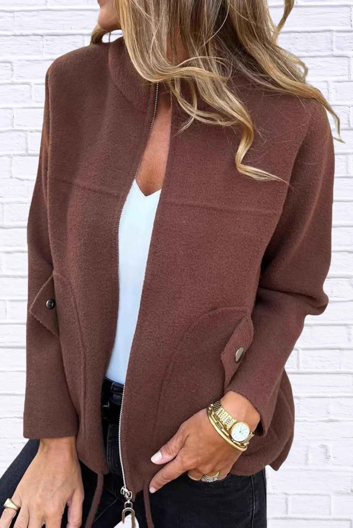 Full Size Textured Knit Zip Up Outerwear Plus Size