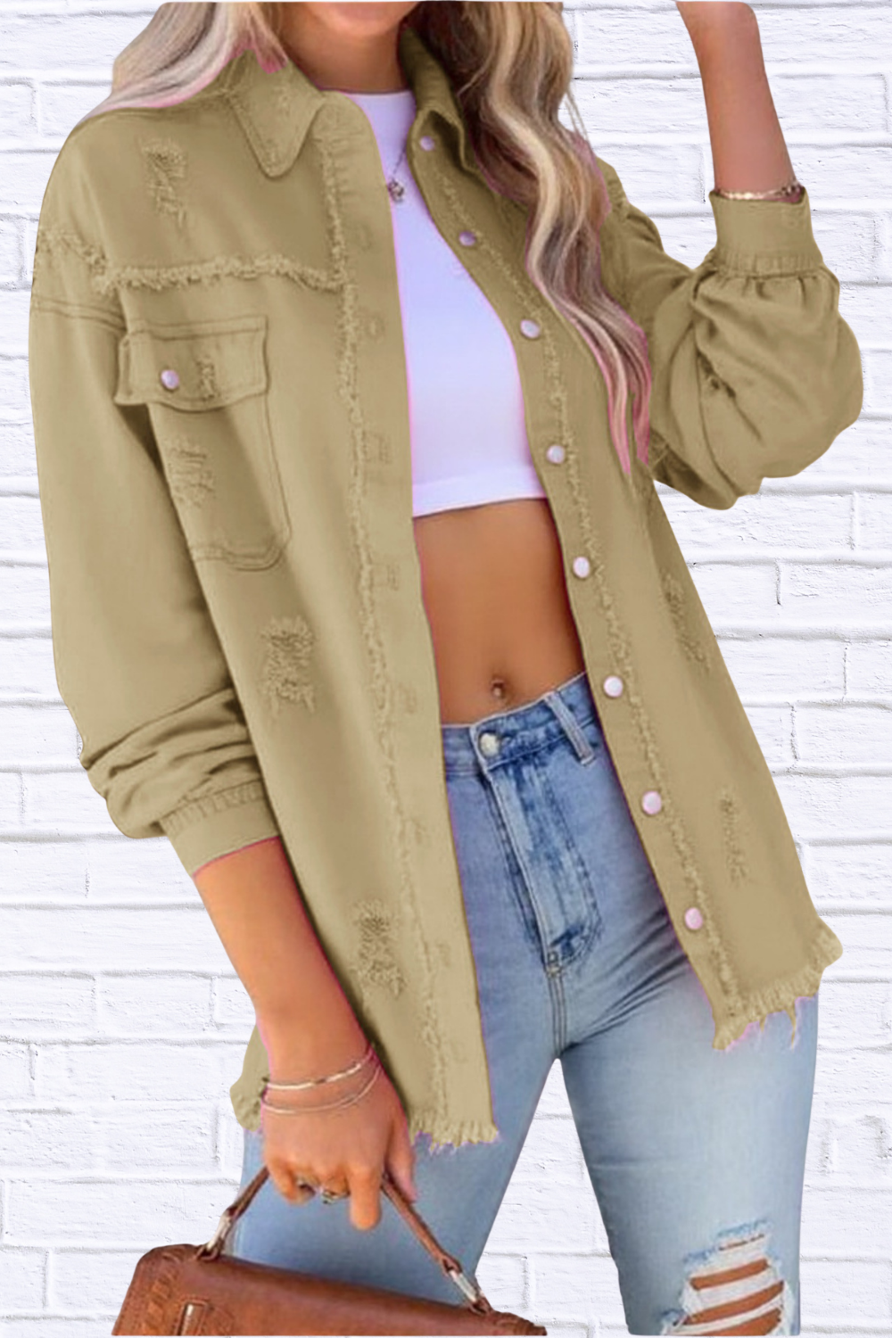 Distressed Denim Jacket with Frayed Edges