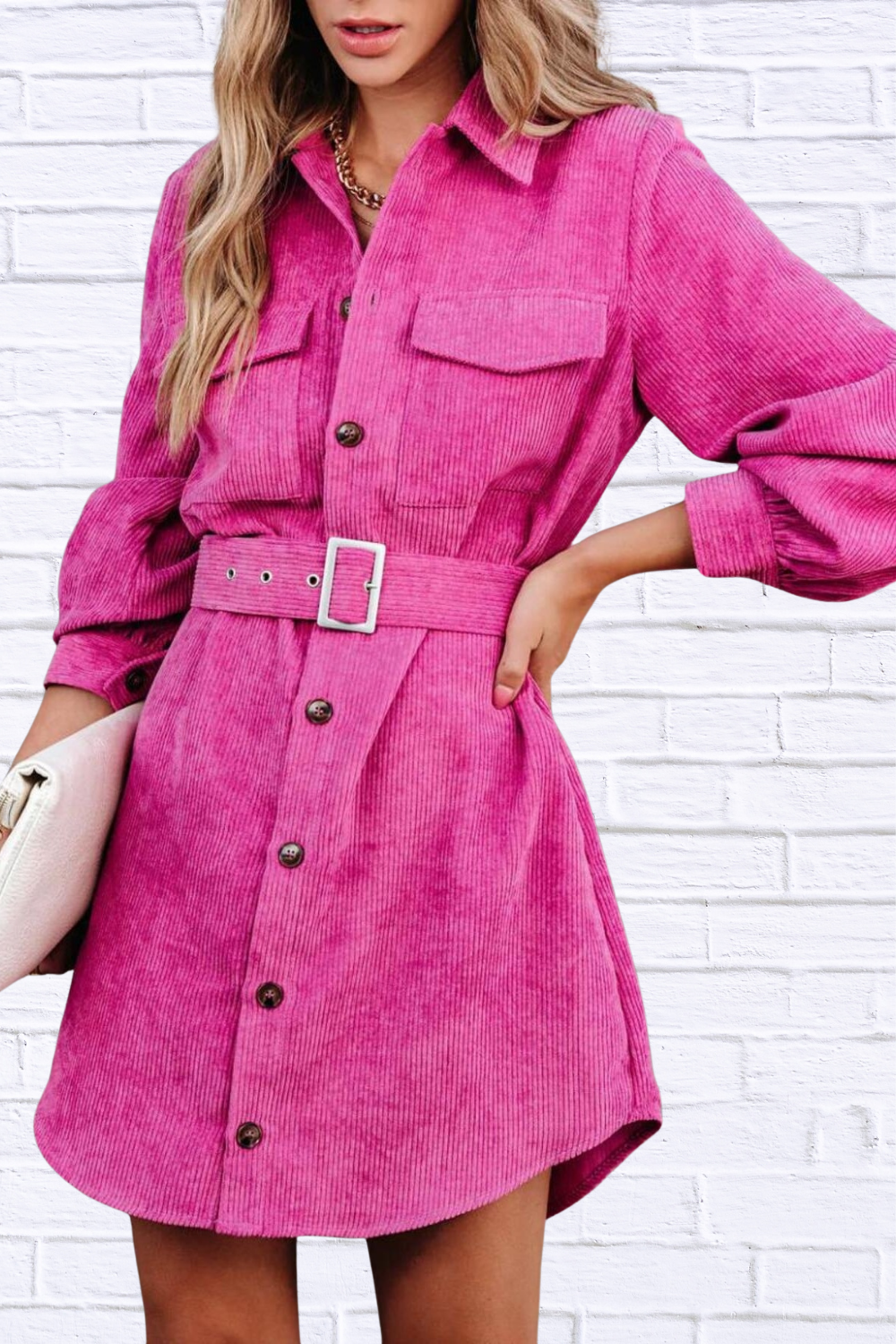 Button Front Belt Long Sleeve Corduroy Dress