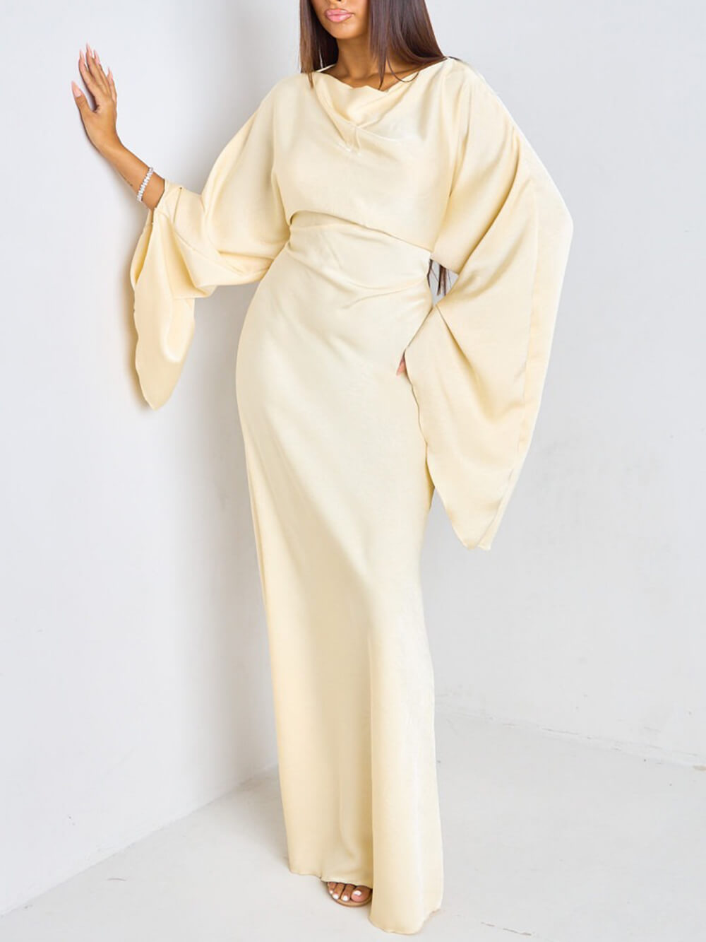 Elegant Ruched Satin Lantern-Sleeve Maxi Dress