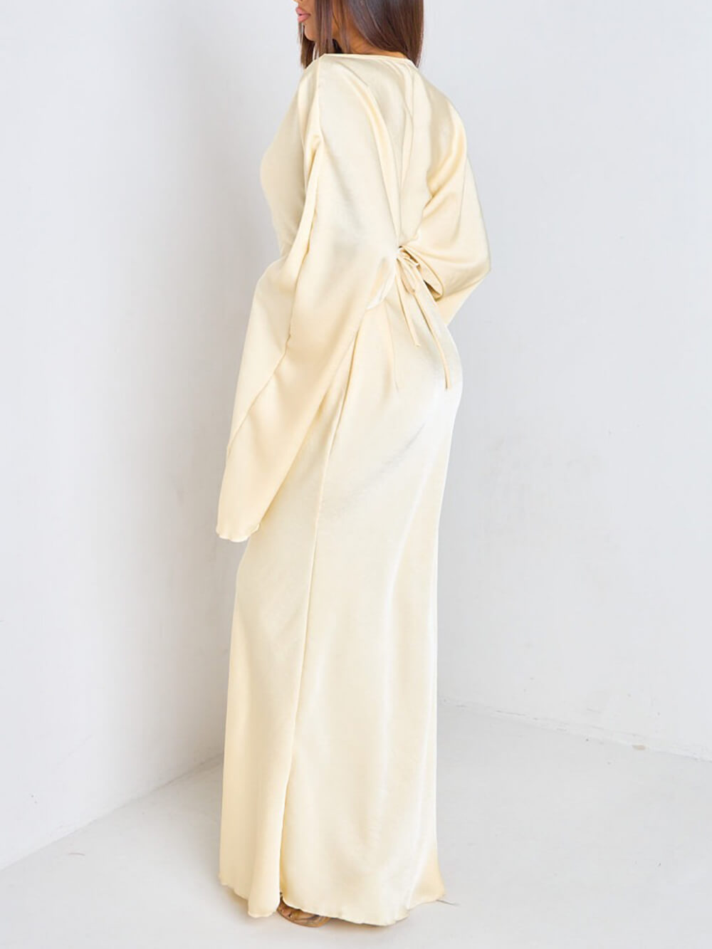 Elegant Ruched Satin Lantern-Sleeve Maxi Dress
