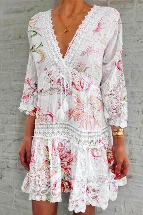 V Neck Lace Trim Tassel Swing Dress Red