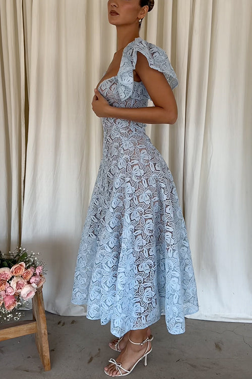 V Neck Flare Sleeves Floral Lace Midi Dress