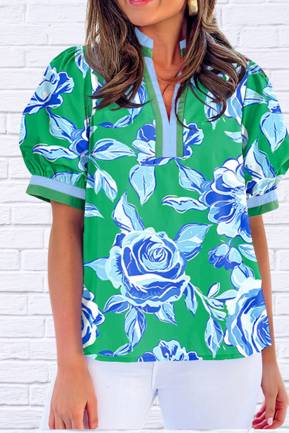 Bold Blue Floral Puff Sleeve Blouse