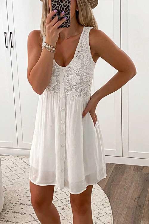 Lace Floral Buttons Swing Tank Dress White