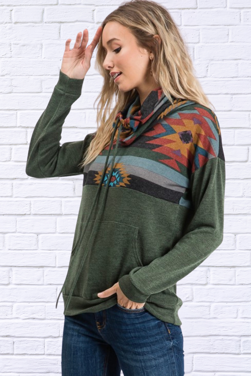 Diva USA Amanda Aztec Turtle Neck Top - Aztec Print Olive