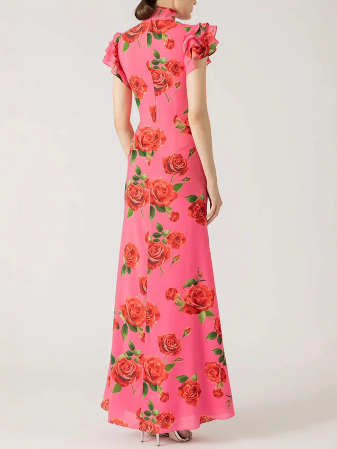 Cheongsam Style Rose Floral Print Tiered Flare Sleeve Stretch Maxi Dress