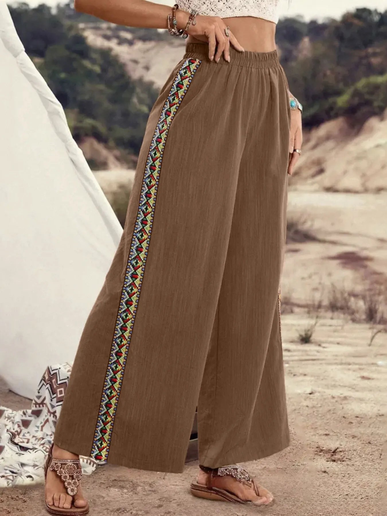 Bohemian Wide Leg Embroidered Side Stripe Pants