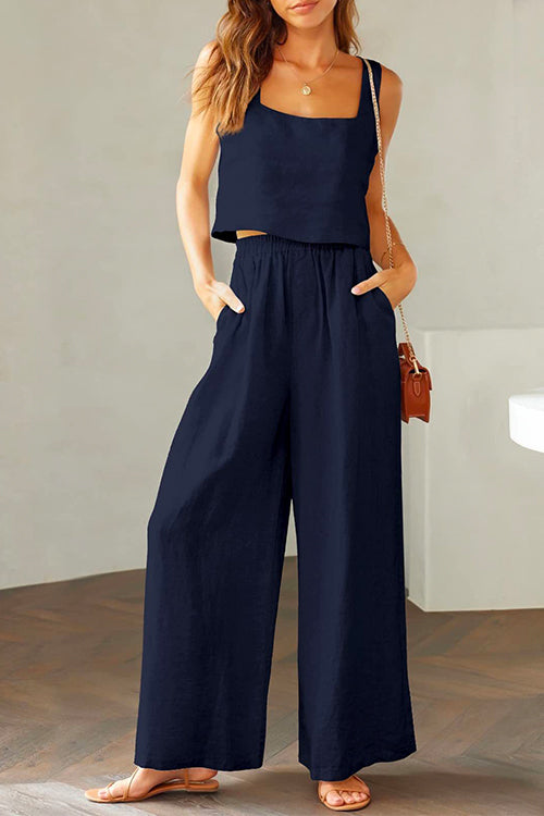 Square Collar Cami Crop Top Wide Leg Pants Cotton Linen Set DarkBlue