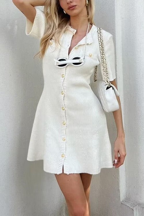 Short Sleeves Button Down Mini Knit Dress