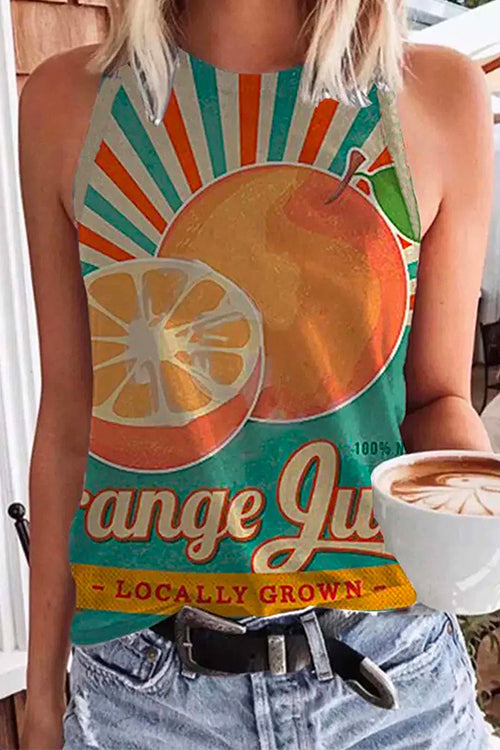 Cute Crewneck Graphic Printed Tank Top Orange