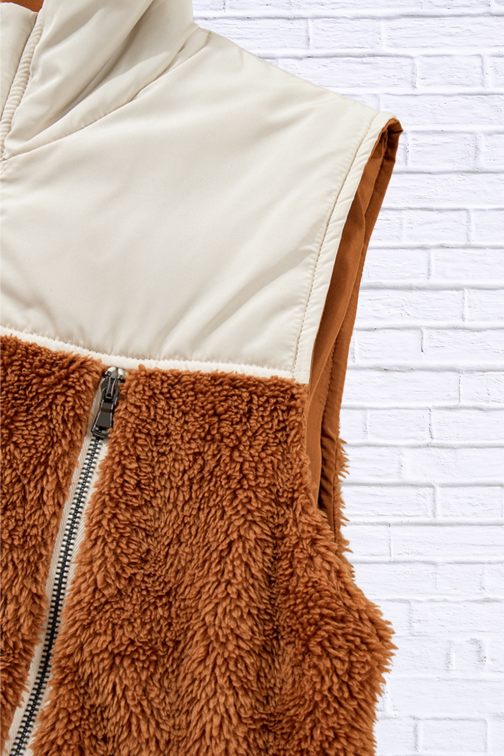 Color Block Plush Patchwork Zipper Stand Neck Vest Coat