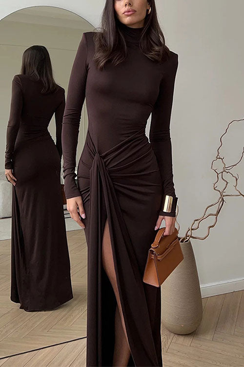 Turtleneck Ruched High Slit Maxi Party Dress