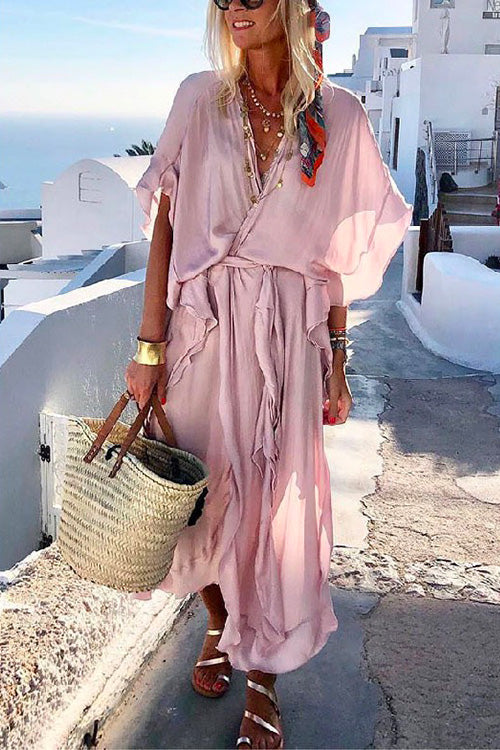 V Neck Batwing Sleeve Tie Waist Ruffle Wrapped Dress Pink