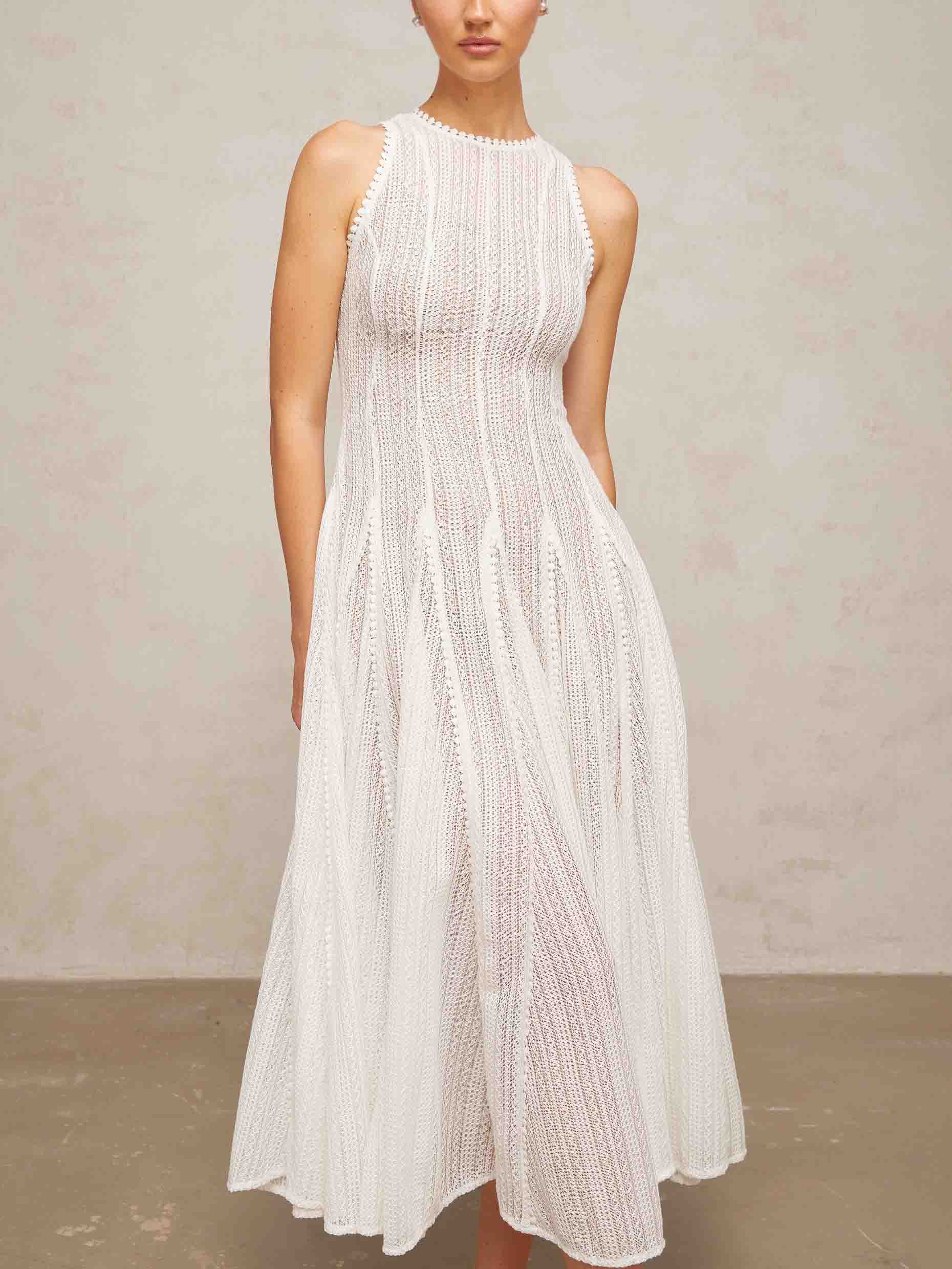 Elegant Hollow Lace Slim Sleeveless Swing Midi Dress