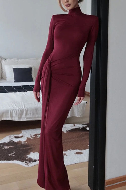 Turtleneck Ruched High Slit Maxi Party Dress