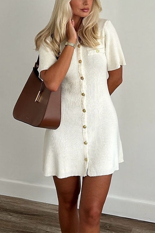 Short Sleeves Button Down Mini Knit Dress