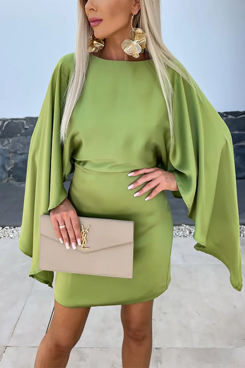 Open Back Batwing Sleeves Waisted Mini Dress Green