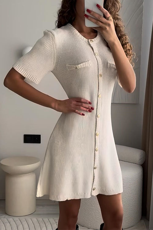 Short Sleeves Button Down Mini Knit Dress