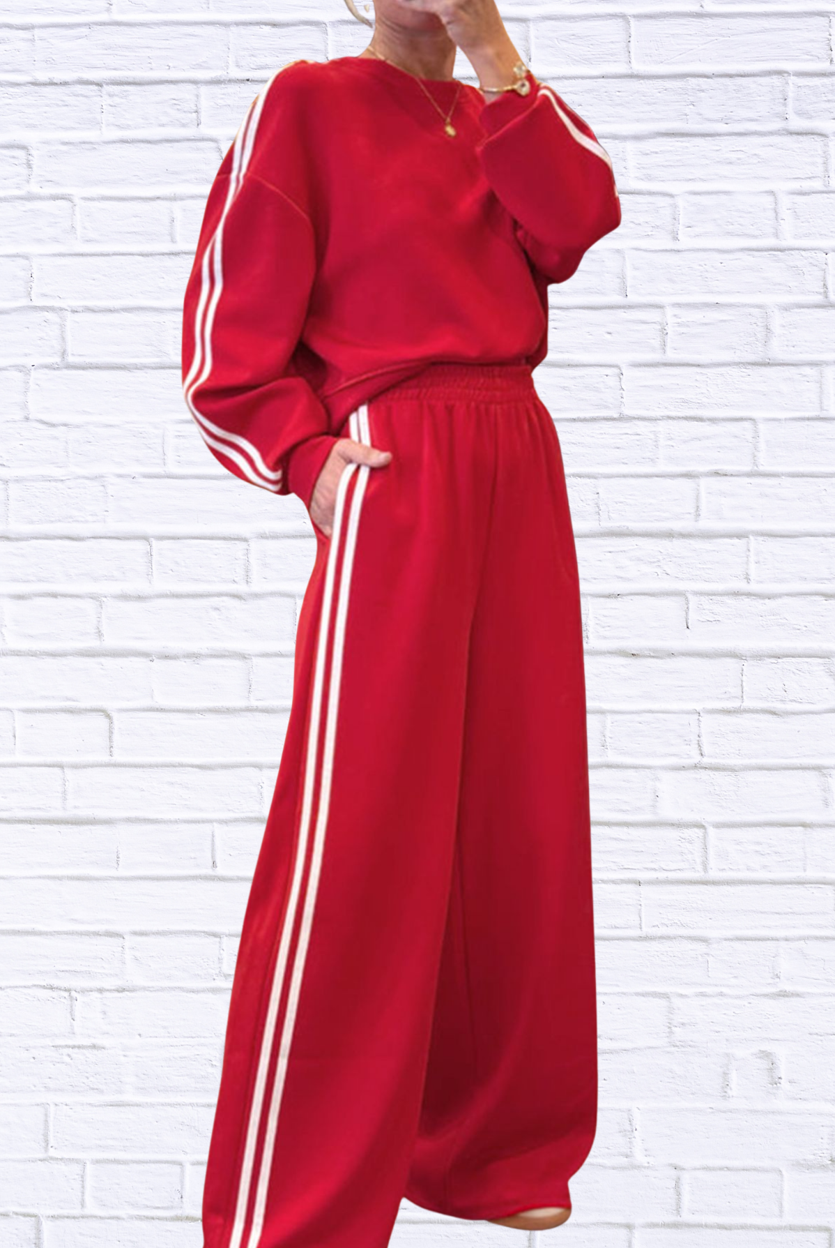 Striped Detail Crewneck Top and Elastic Sweatpants 2pcs Set