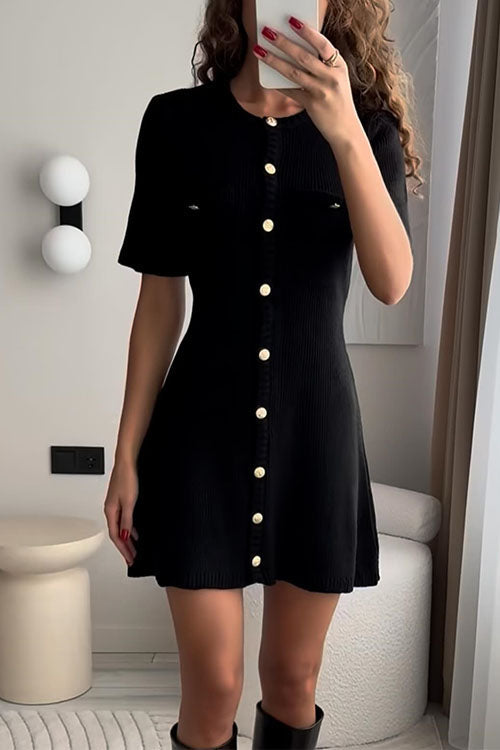Short Sleeves Button Down Mini Knit Dress