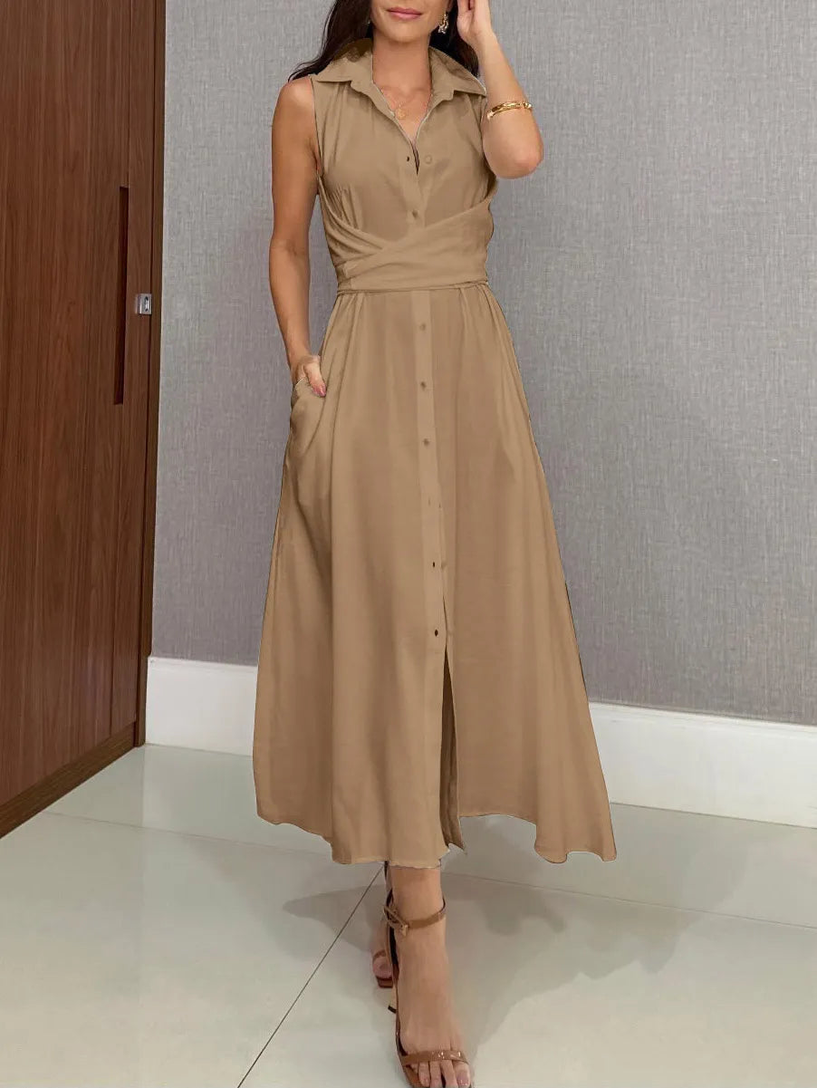 Unique Shirt Style Single-breasted Tie Midi Dress