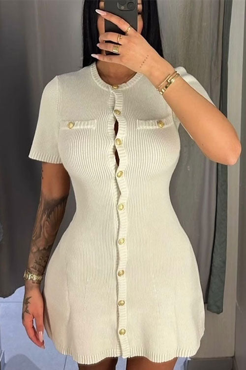 Short Sleeves Button Down Mini Knit Dress
