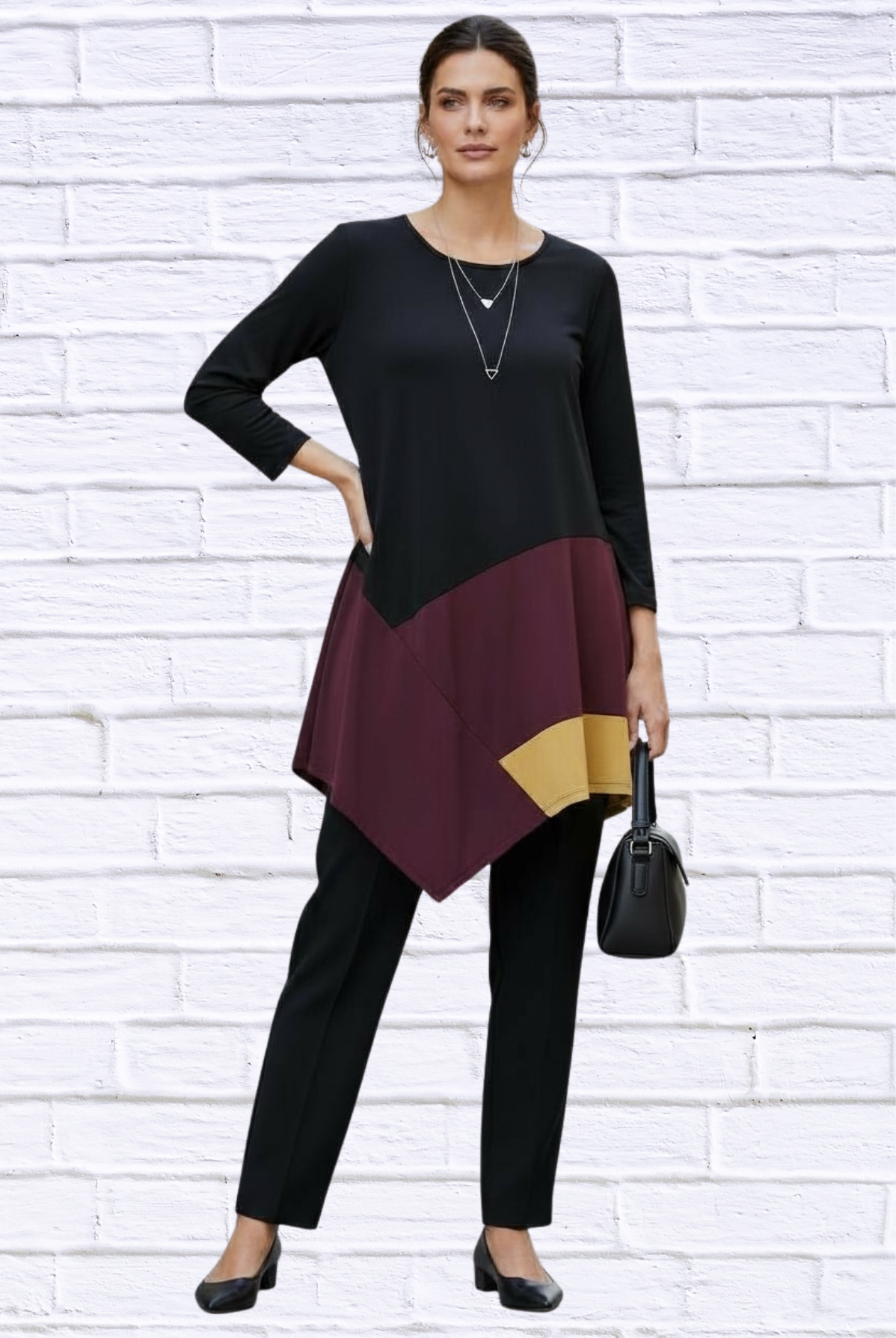 Color Block Asymmetrical Hem Knit Tunic Top – Long Sleeve Soft Stretch Blouse