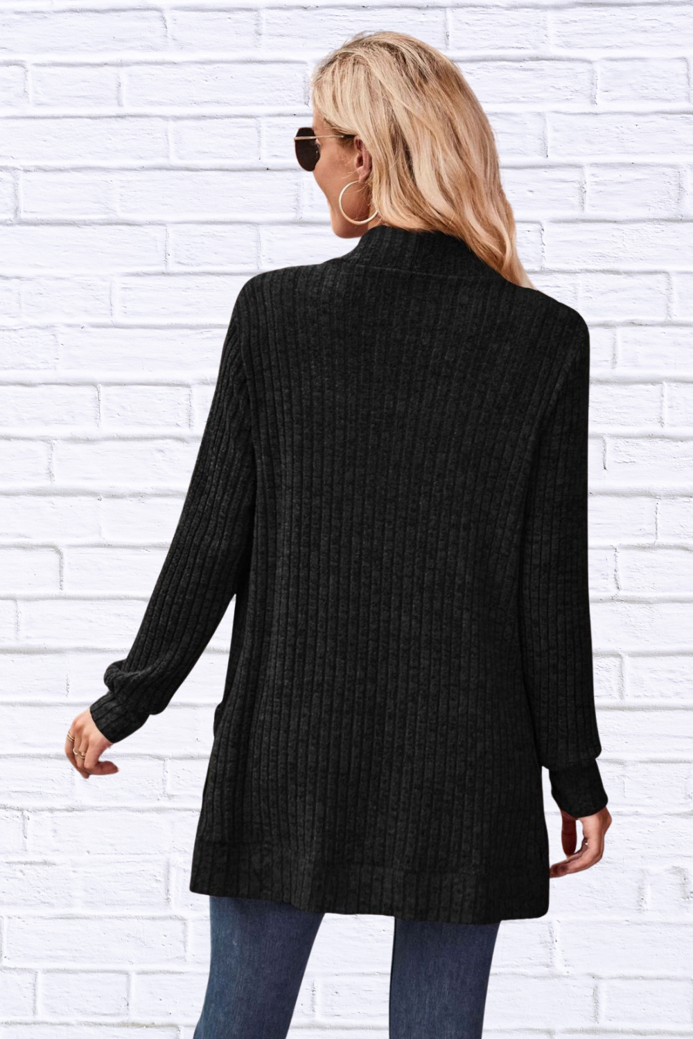 Ribbed Open Front Long Cardigan with Pockets
