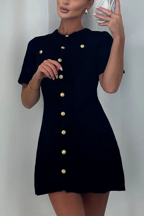 Short Sleeves Button Down Mini Knit Dress